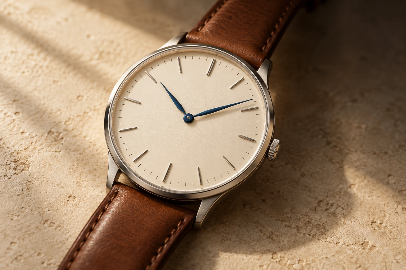 AI-generated editorial illustration of an unbranded silver watch with an ivory dial